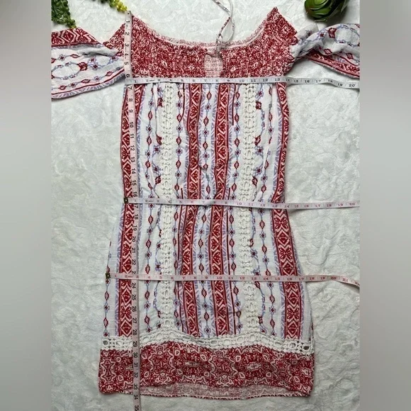 Saylor x Revolve Blossom Off The Shoulder Boho Printed Mini Dress in White Red S - Picture 15 of 15